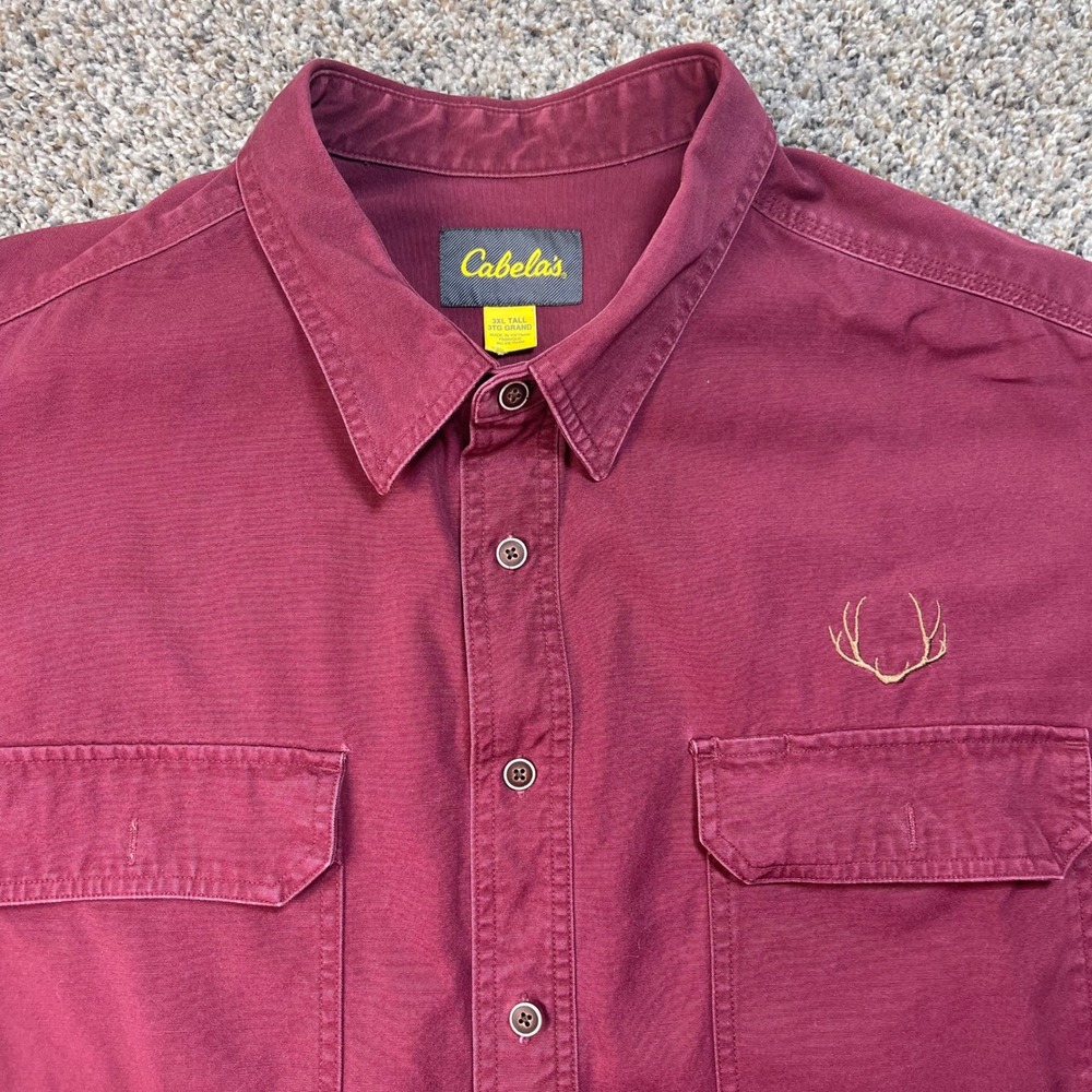 Cabelas Mens 3XL Tall Burgundy Short Sleeve Button Down Cotton Work Shirt Antler